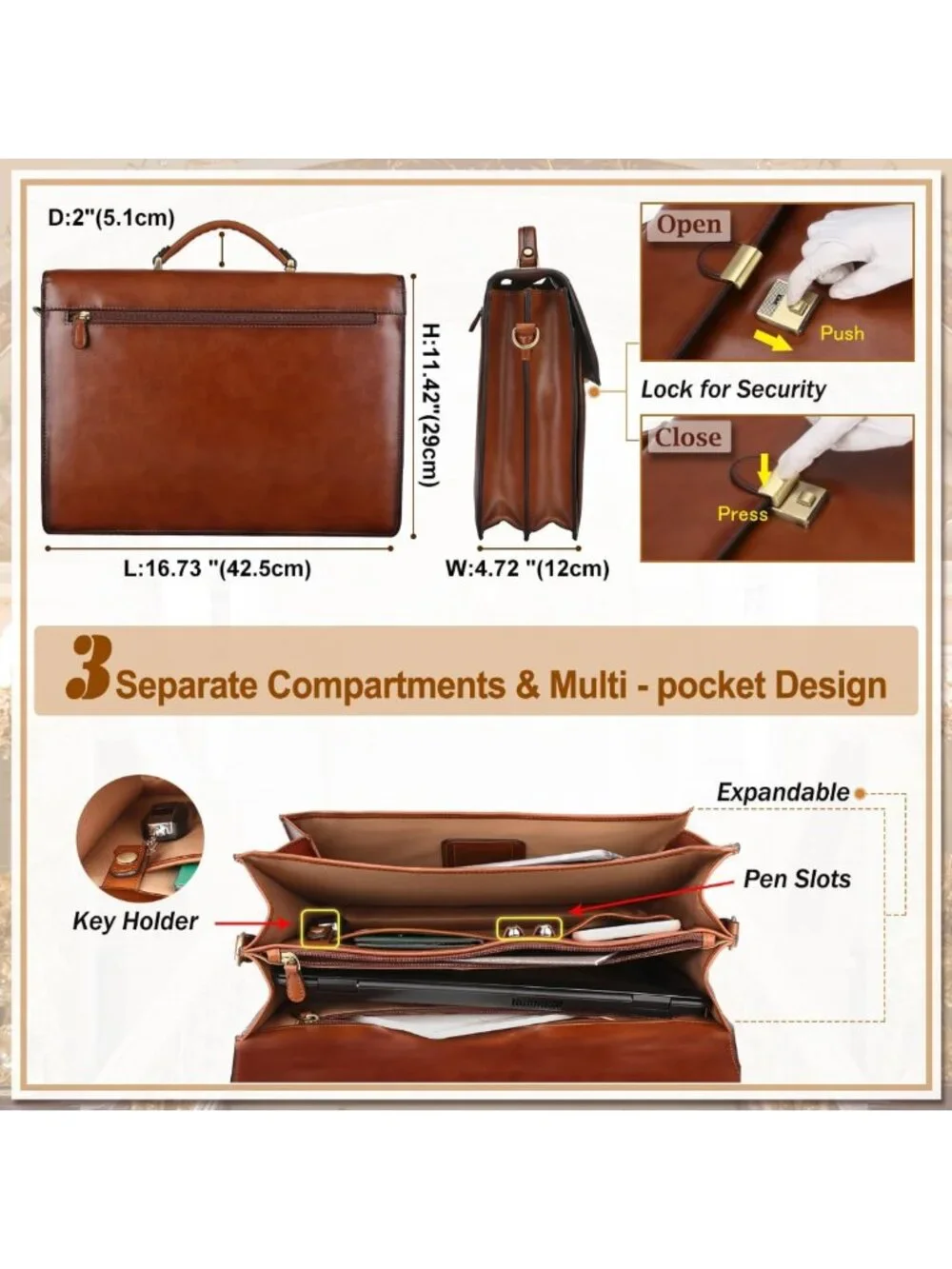 Stylish Leather Briefcase for Men, Lock Closure, Fits Laptop & Essentials